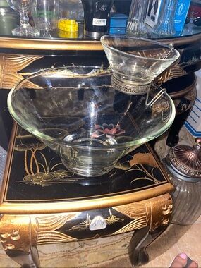 Vintage Clear Glass Chip Bowl with Attached Glass Dip Bowl